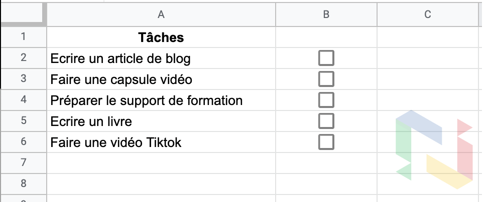 liste de tâches dans Google Sheets