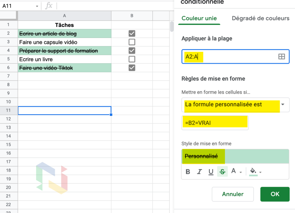 mise en forme conditionnelle avec les cases à cocher dans Google Sheets.