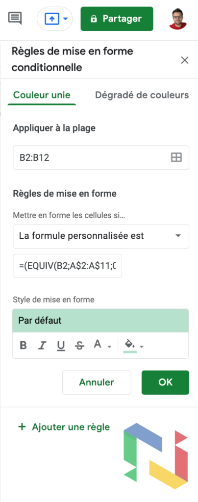 formule EQUIV MATCH dans Google Sheets