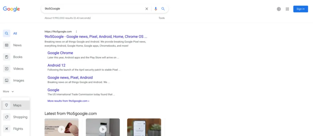 Google : les catégories à gauche de l'écran