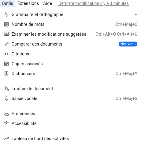 Google Docs : nouvel onglet outils