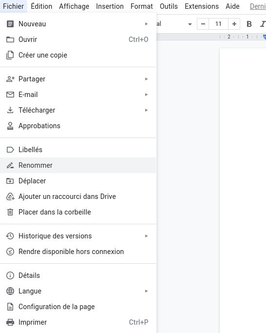 Google Docs : nouvel onglet fichier