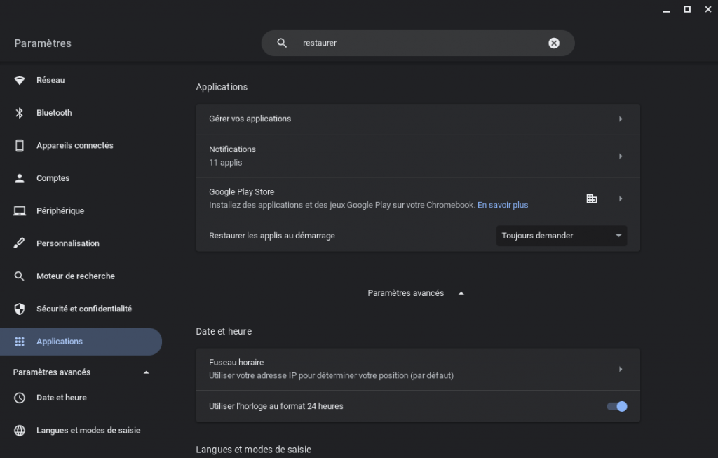 Chromebook : restaurer les applications au redémarrage