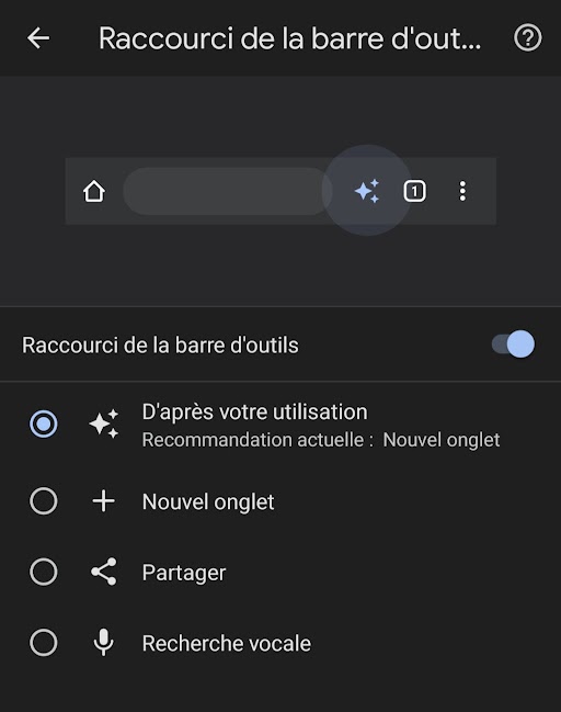 Chrome pour Android : raccourci dans la barre d'outils