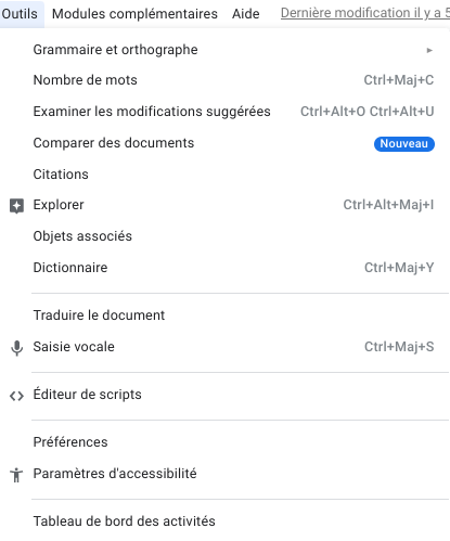 Google Docs : ancien onglet Outils