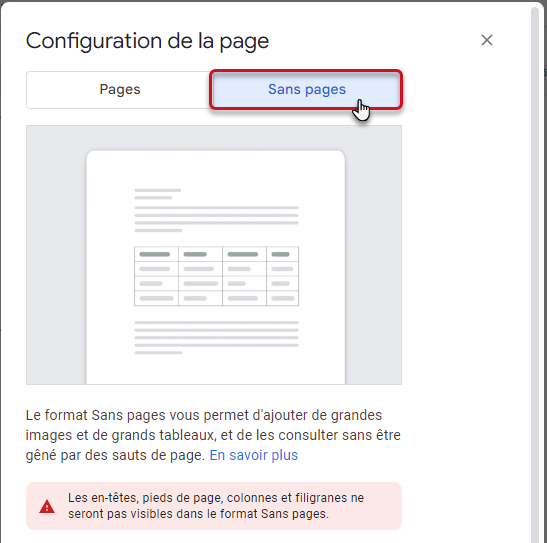 Google Docs : configurer le mode sans page