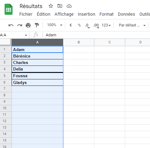 Données triées par ordre alphabétique sur Google Sheets