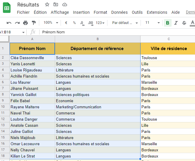 Sélections dans Google Sheets