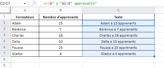 La fonction Concatener de Google Sheets 