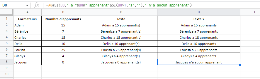 Fonction CONCATENER dans Google Sheets