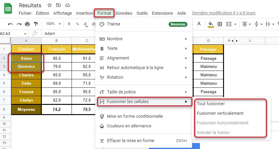 Fusionner les cellules dans Google Sheets