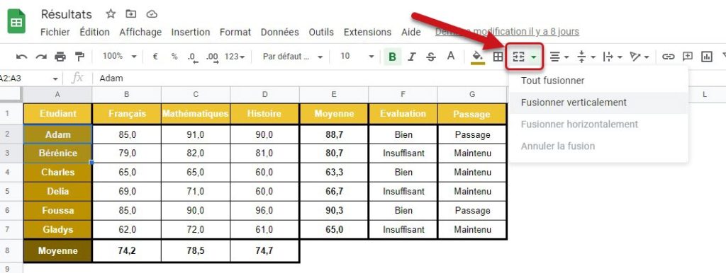 Fusionner verticalement les cellules dans Google Sheets