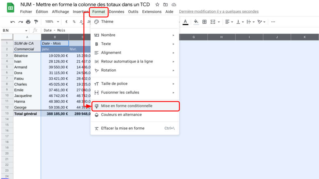 Mettre en forme la colonne des totaux dans un TCD : Mise en forme conditionnelle