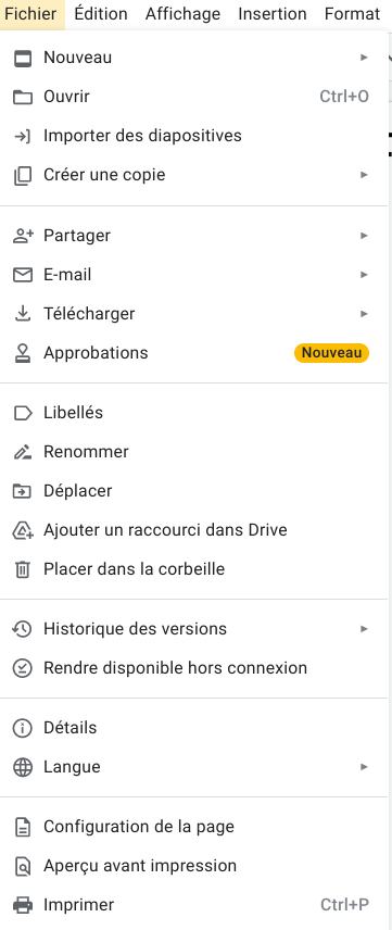 Google Slides nouveau menu 2022