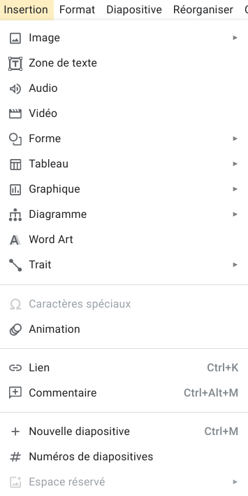 Google Slides nouveau menu 2022