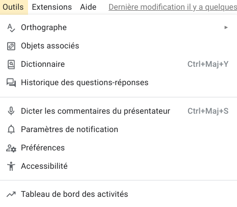 Google Slides nouveau menu 2022