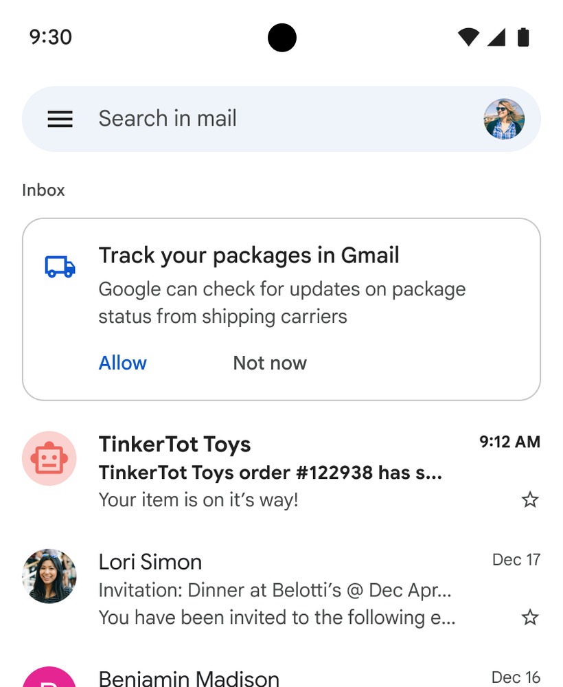 Information de colis sur Gmail