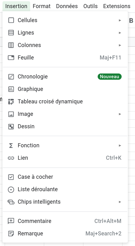 Google Sheets : menu insertion