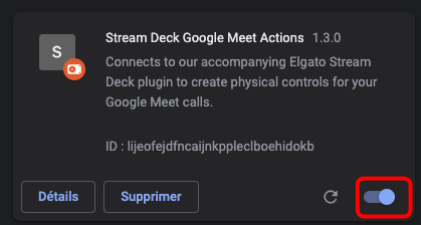 Extension Stream Deck Google Meet Actions active dans Google Chrome