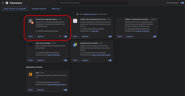 Extension Stream Deck Google Meet Actions chargée dans Google Chrome
