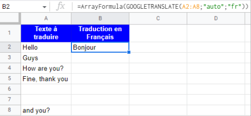Utiliser Google Translate avec la formule ARRAYFORMULA sur Google Sheets