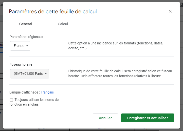 Paramètres feuille de calcul Google Sheets