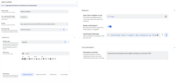 AppSheet : Paramétrage de l'action exporter