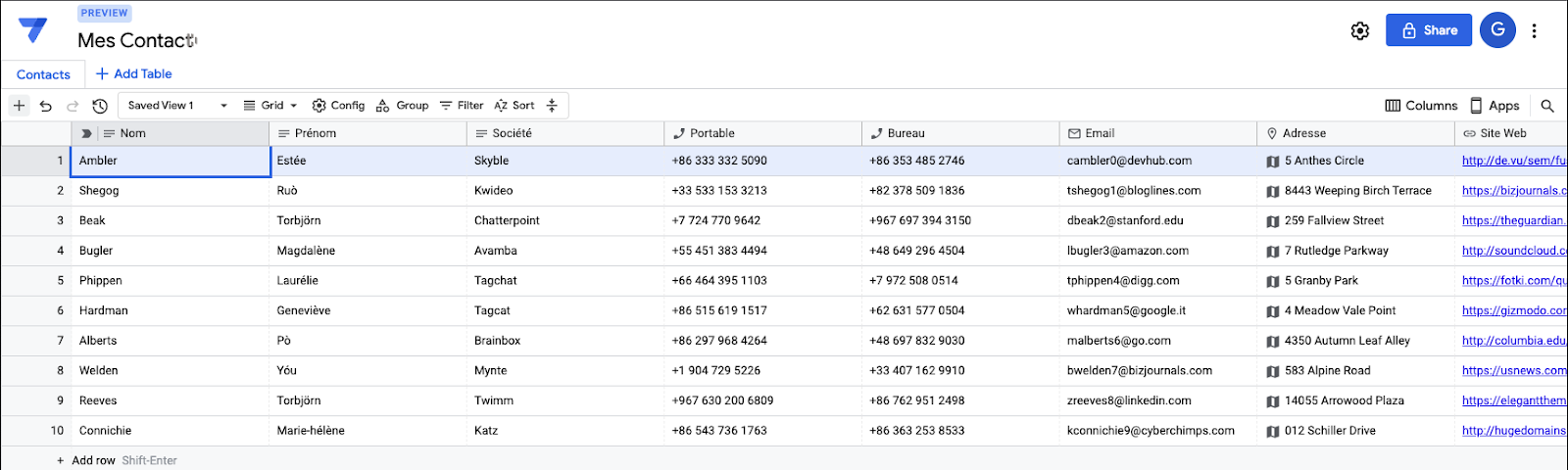 AppSheet : Table Contacts avec les données chargées