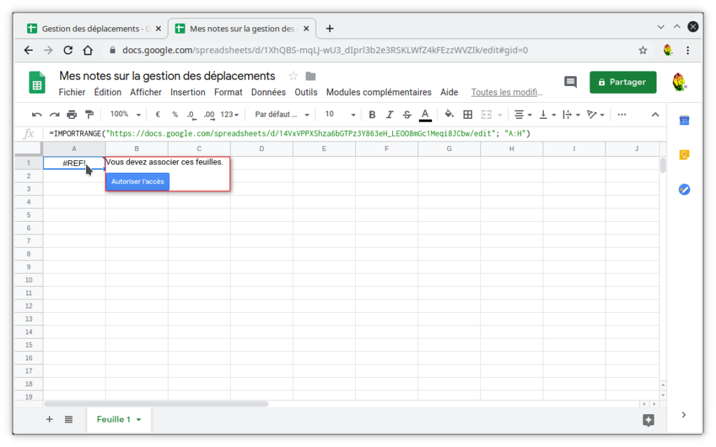 Capture de la demande d'autorisation lors de l'ajout d'un =IMPORTRANGE() dans une autre feuille de calcul