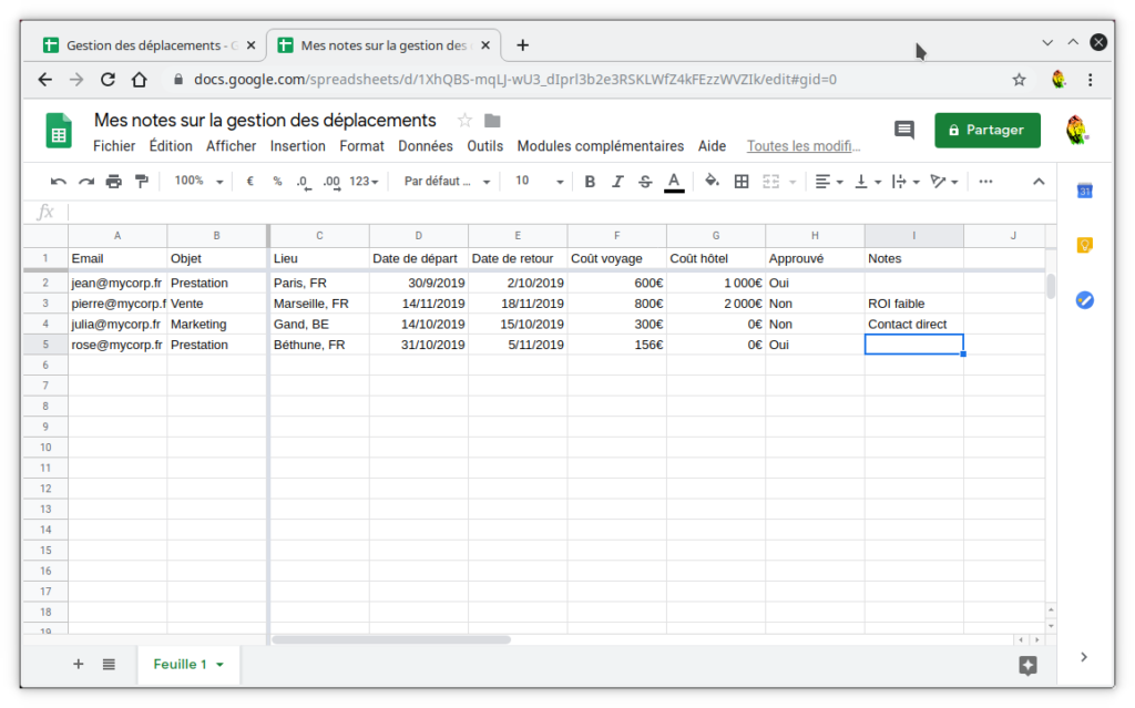 Capture de la nouvelle feuille de calcul avec des remarques personnelles