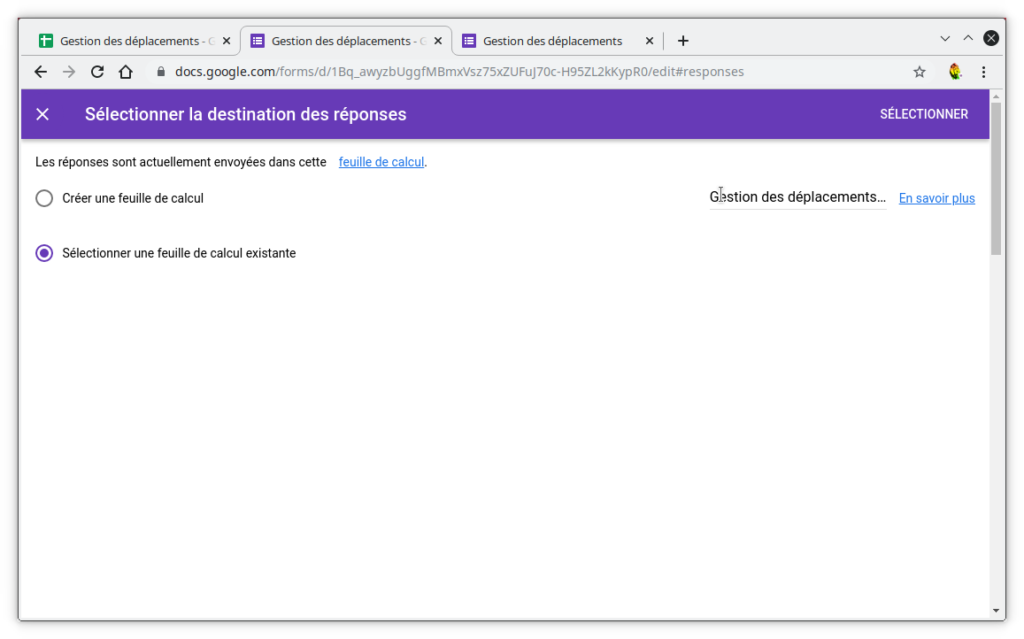 Capture de la sélection de la feuille de calcul destinataire des réponses de formulaire