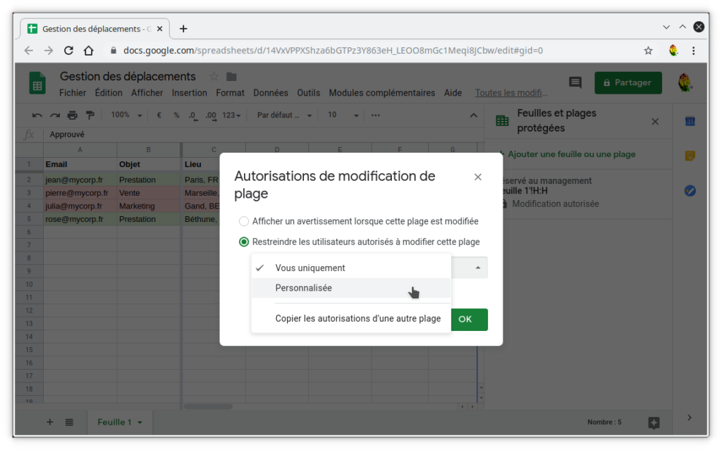 Capture de l'ajout de restriction d'autorisation de modification partielle de la feuille de calcul