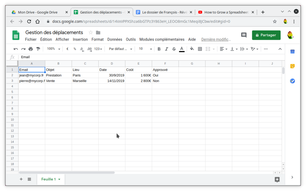 Capture d'une feuille de calcul avec les premières données