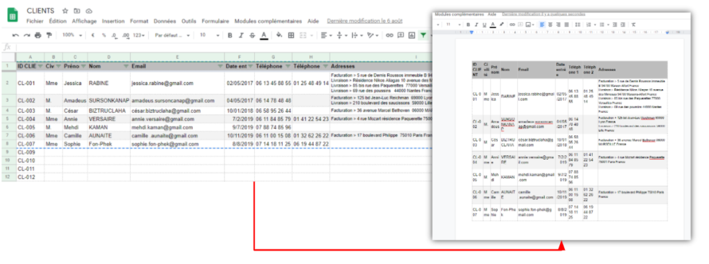 Comparaison des copier coller Sheets Docs