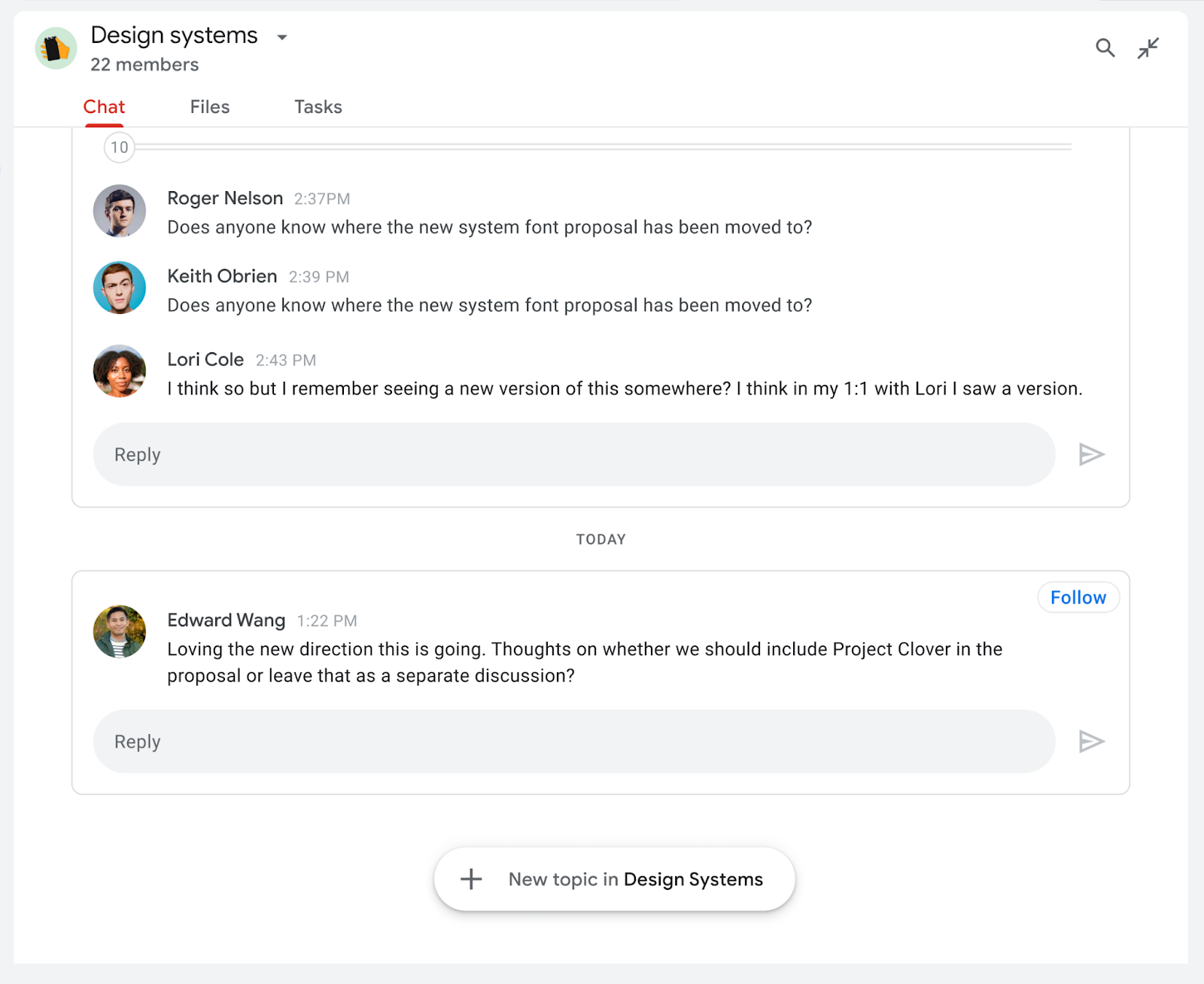 Espace Google Chat intégré dans un fil de discussions