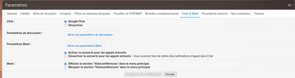 Gmail : paramètre de Chat et Meet
