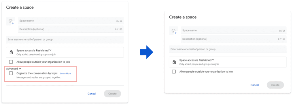 Suppression de "Organiser la conversation par sujet" dans Google Chat