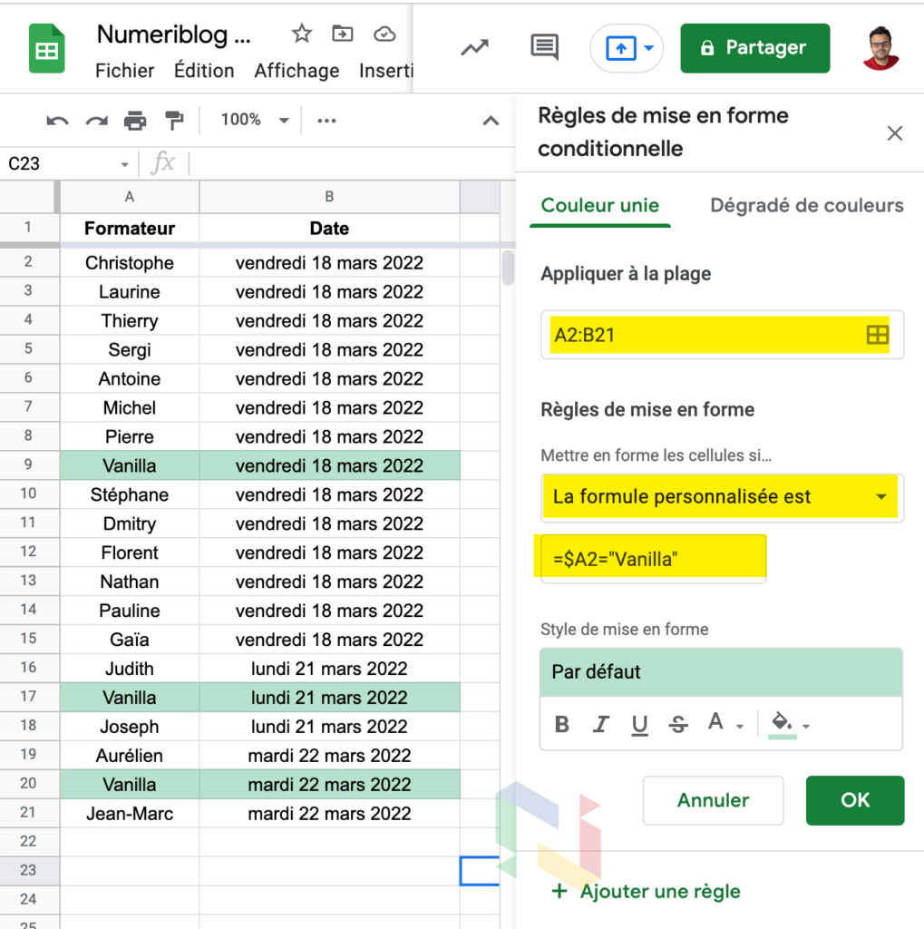 Google Sheets : figer une cellule