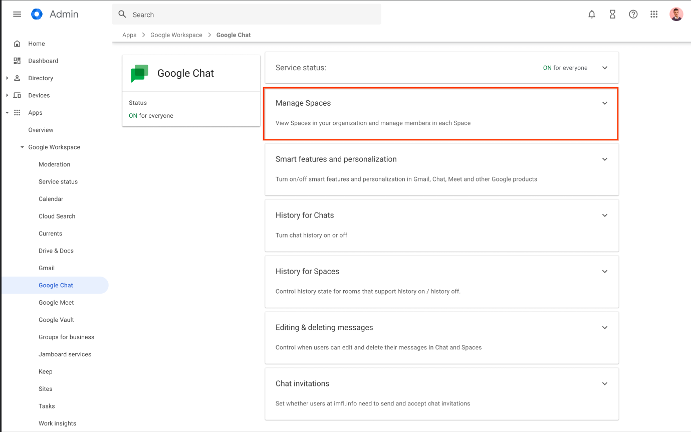 Gestion des espaces Google Chat