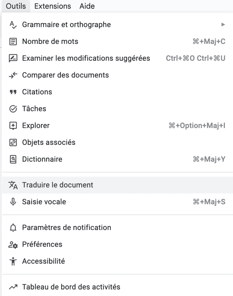 Le bouton traduire le document sur Google Docs