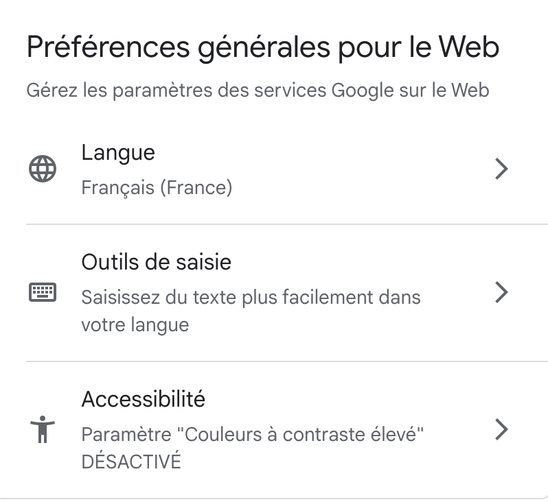 Le bouton Préférences générales pour le web pour l'intégralité des services Google 