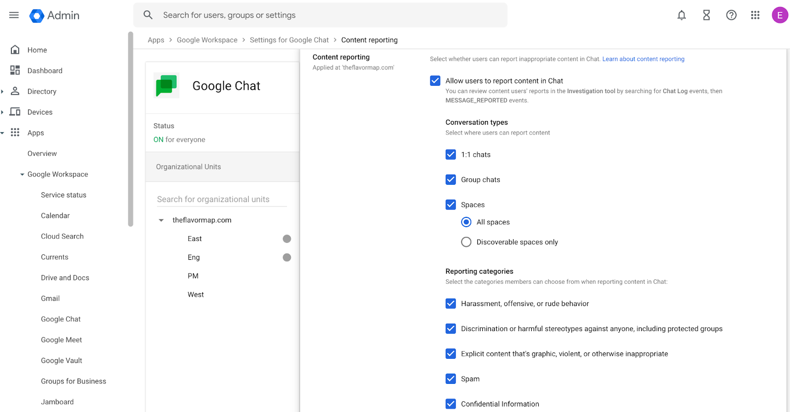 Activation des rapports de contenu dans Google Chat