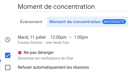 Moment de concentration Google Agenda