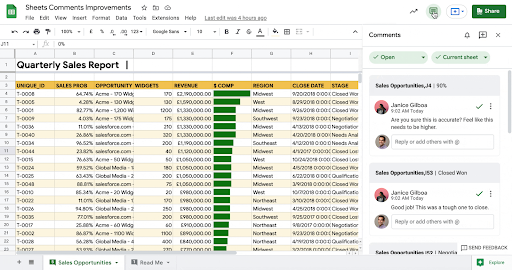 Barre de commentaires Google Sheets