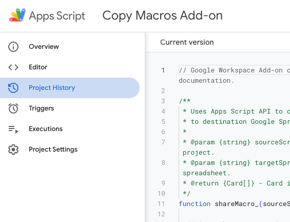 Historique de projet dans Apps Script