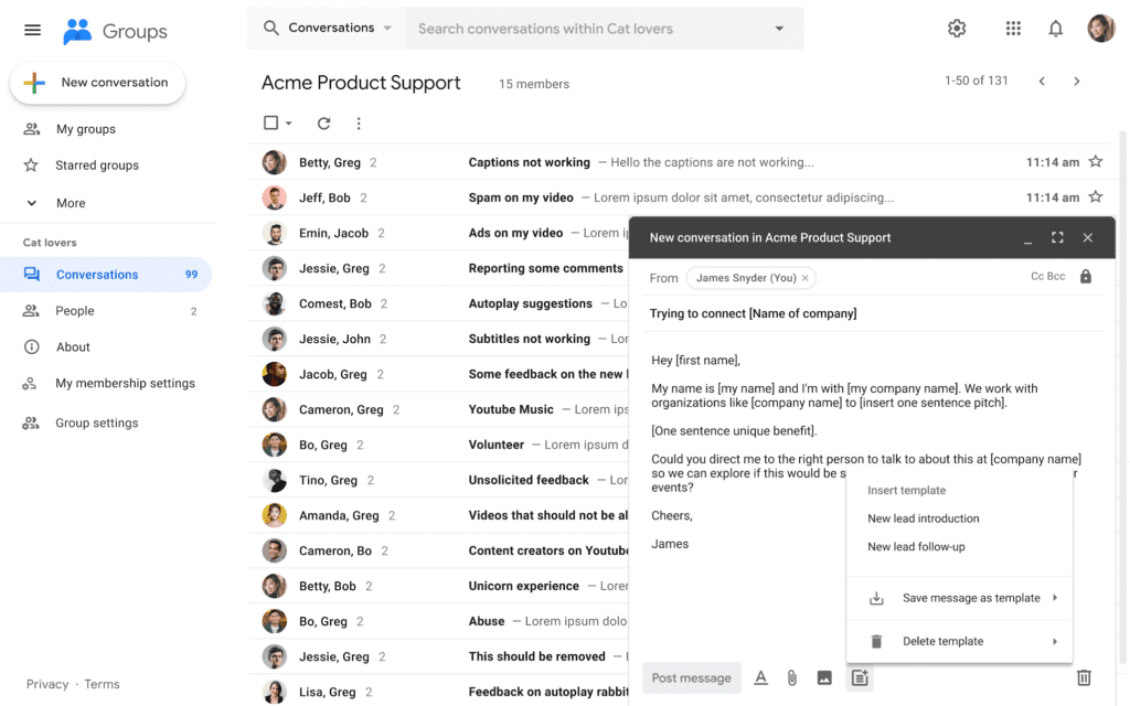 Google Groupes : Créer, modifier et insérer des modèles d'e-mail dans les messages 