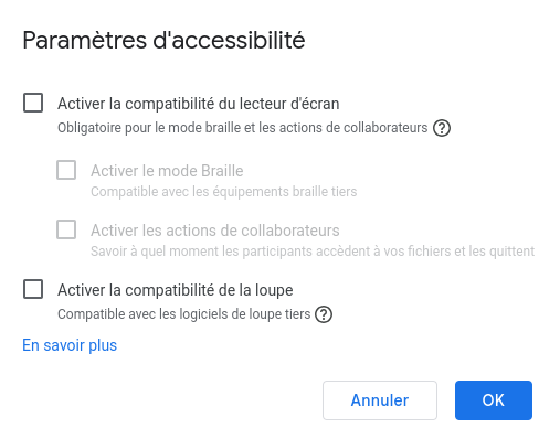 Paramètres d'accessibilité sur les outils Google Workspace