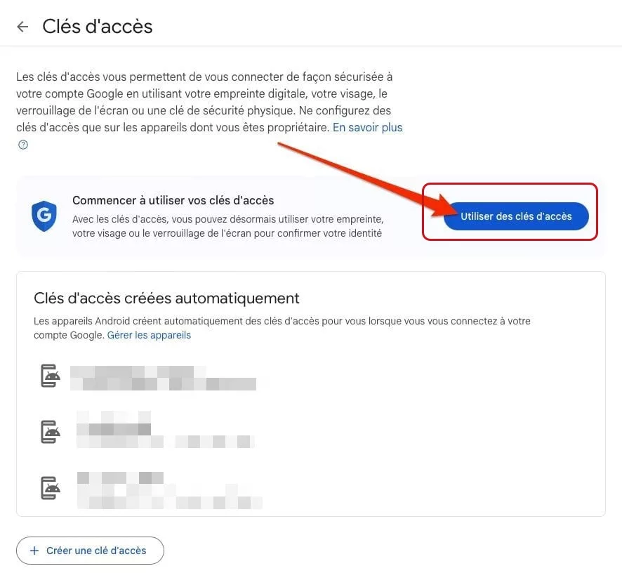 Création d'une clé d'accès Google