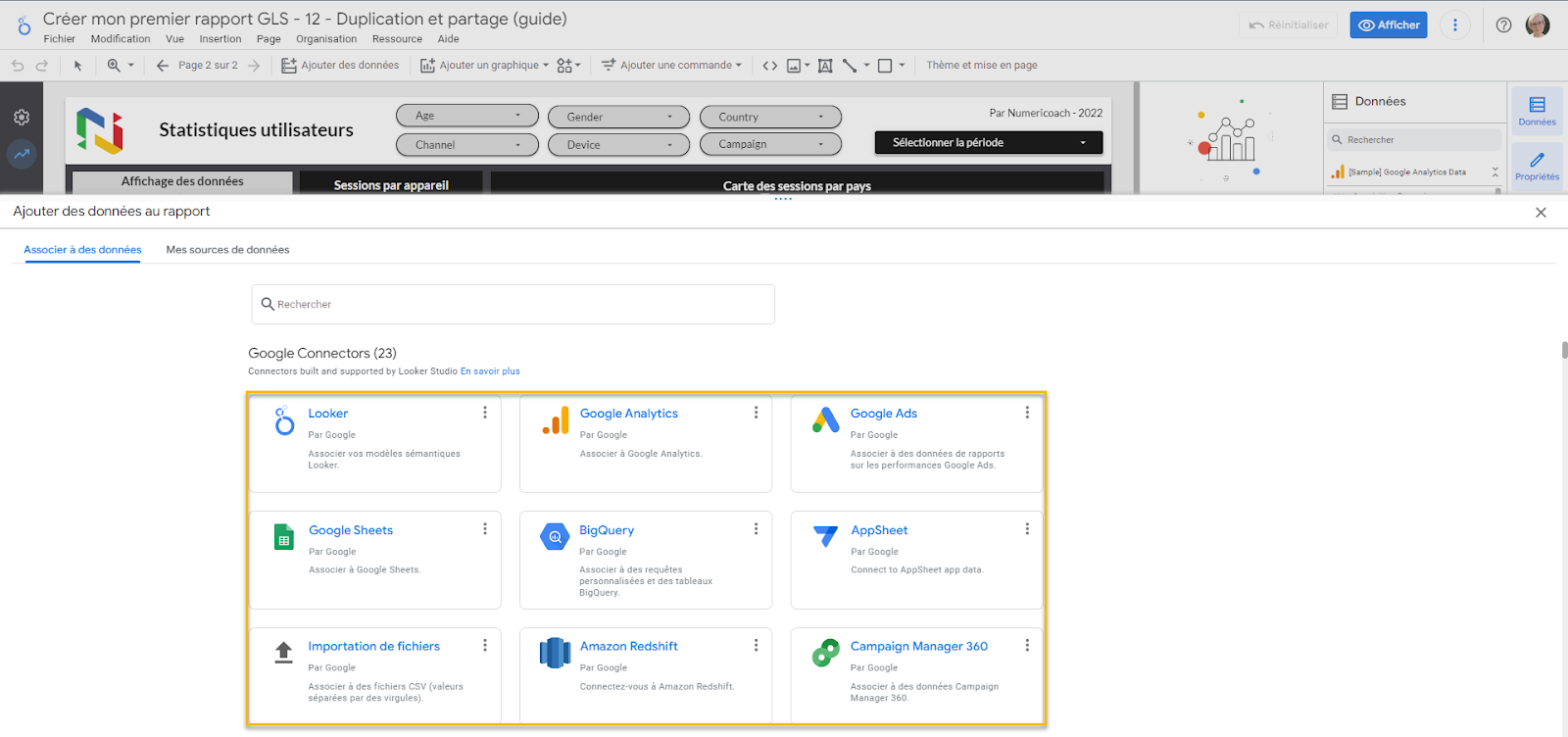 Liste des connecteurs Google dans Looker Studio