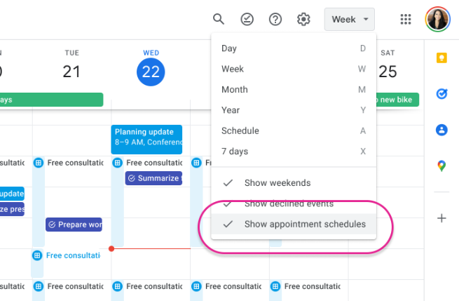 Masquer ou afficher le planning de rendez-vous sur Google Agenda